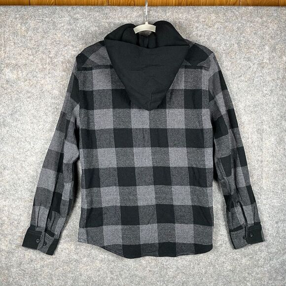 BRIXTON Bowery Mens Flannel Hoodie Hooded Size M Medium Gray Black Plaid USA EUC - Picture 5 of 9